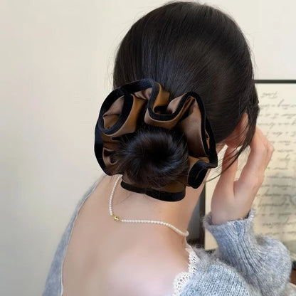 Velvet-Edged Satin Bloom Scrunchie - Elegant Hair Tie for Everyday Style