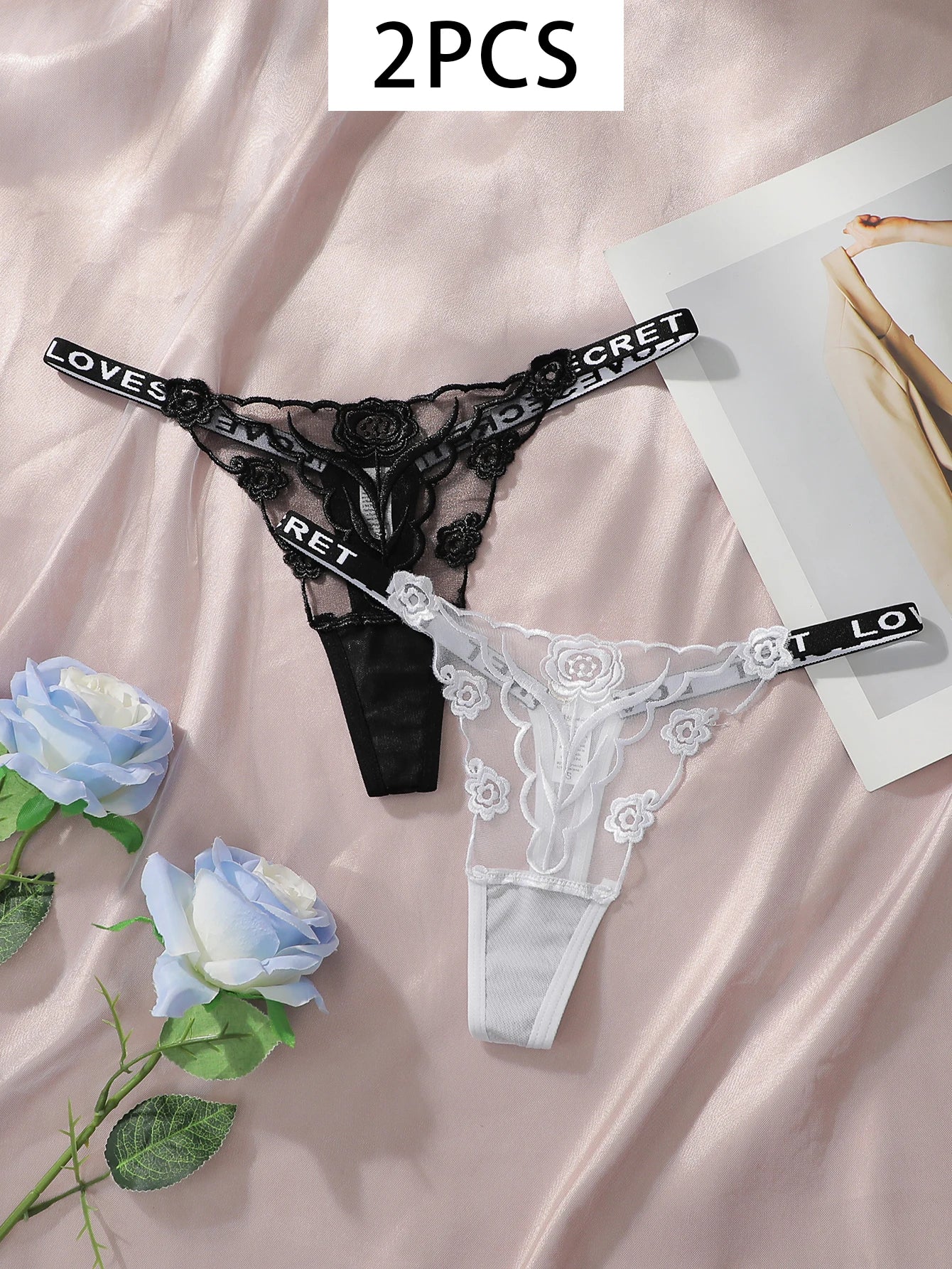 2PCS Lace Thong Underwear Set - Sexy Ladies Black & White Floral Embroidered Panties for Women