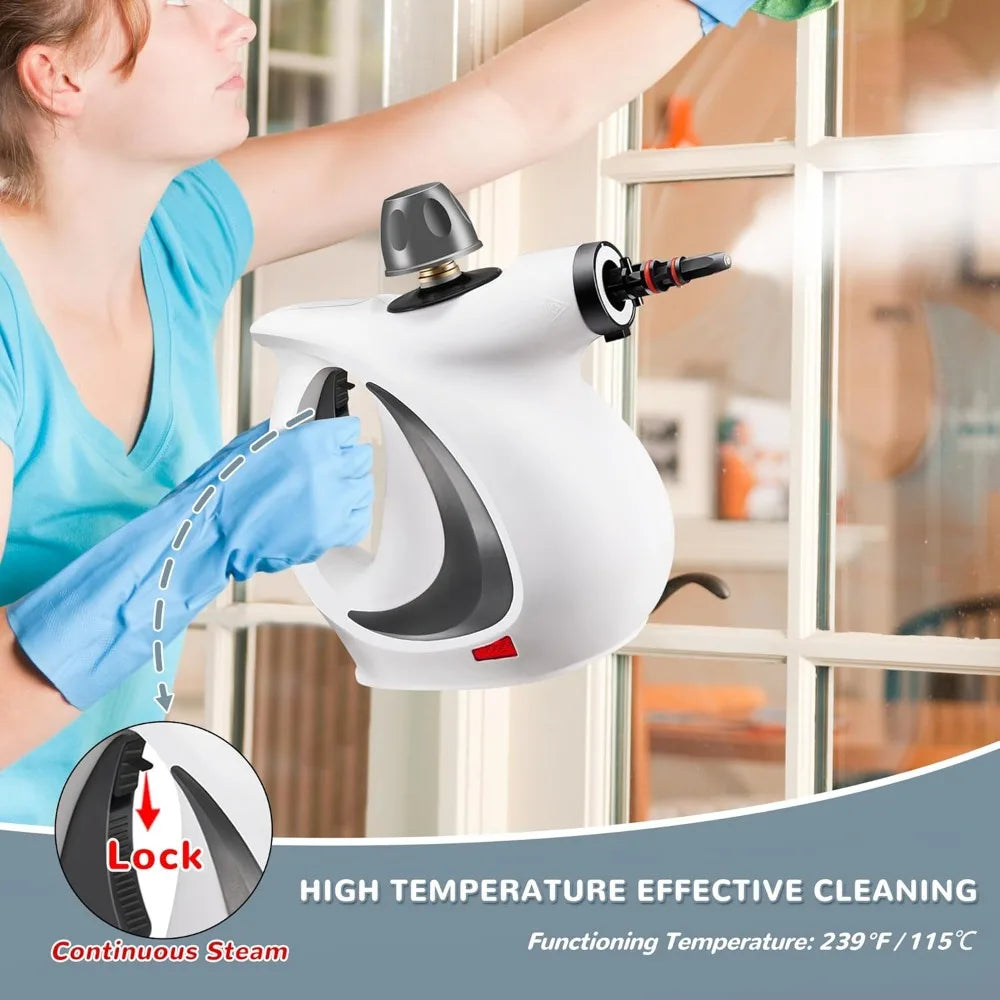 Portable Handheld Steam Cleaner – Large Capacity with 11 Piece Accessory Set for Floor, Car, Carpet & Window Cleaning