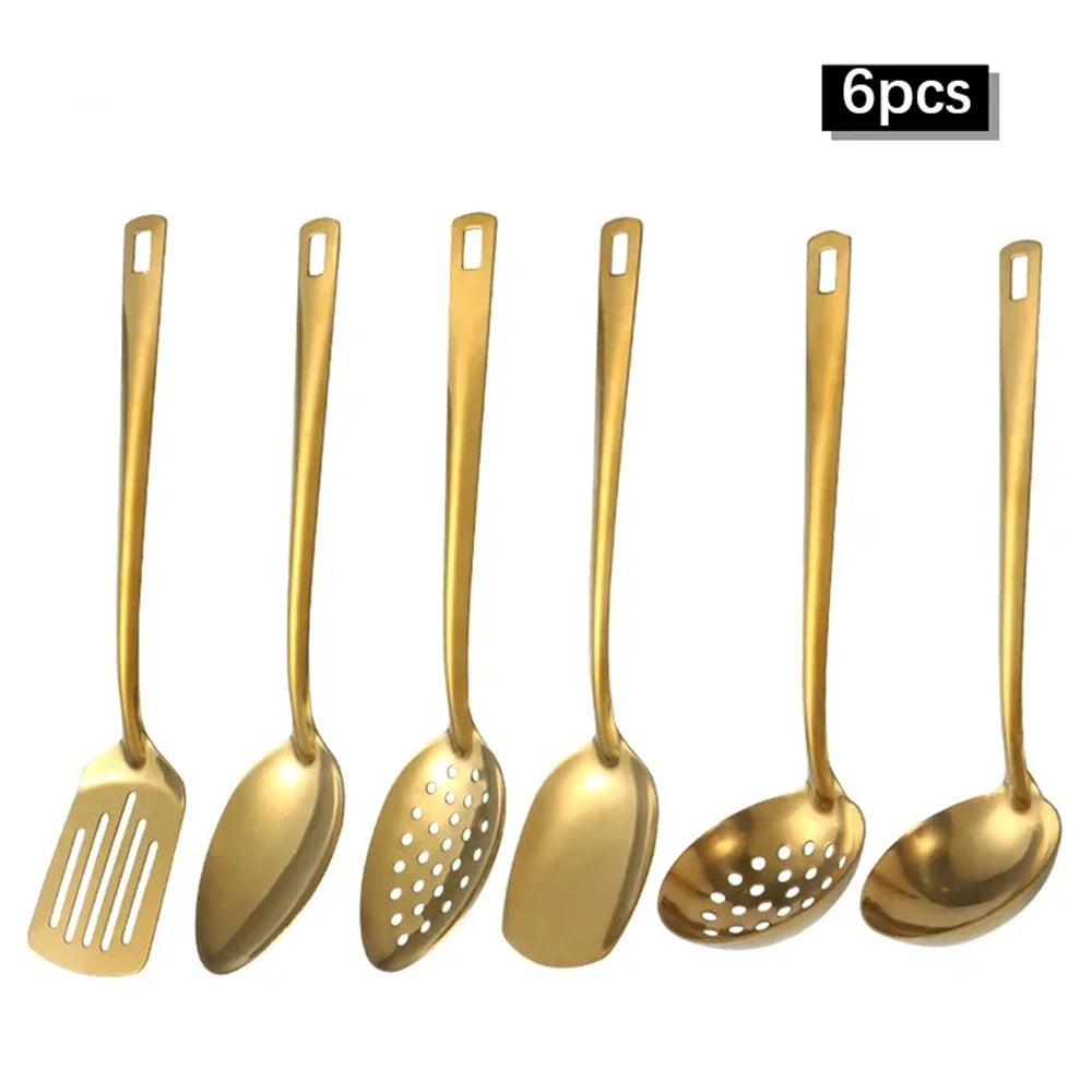 6PCS Hot Pot Cutlery Set – Stainless Steel Golden Spoons & Strainer Kitchenware