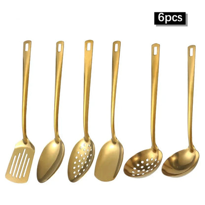6PCS Hot Pot Cutlery Set – Stainless Steel Golden Spoons & Strainer Kitchenware