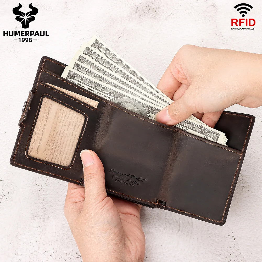 HUMERPAUL Men’s Pop-Up Card Holder – Crazy Horse Leather RFID Blocking Slim Wallet with Money Pocket & Metal Bank Card Case