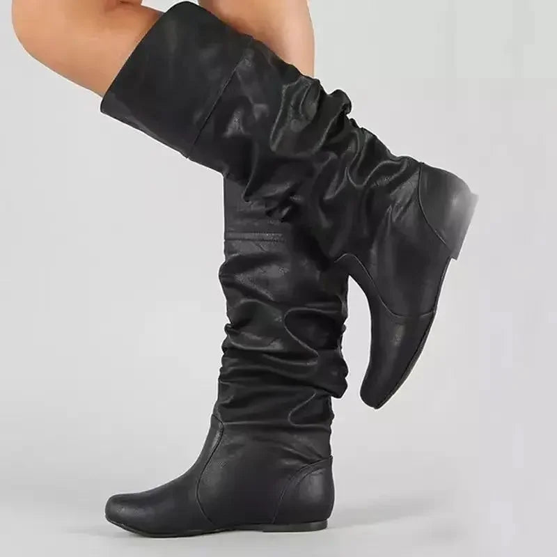Women’s Mid-Calf Cowboy Boots – Flat Western Style Faux Leather Spring Autumn Shoes 35–43
