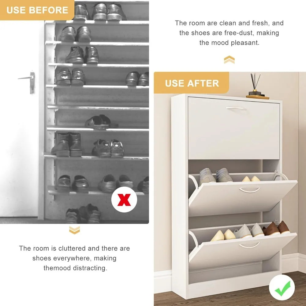 3-Drawer Wooden Shoe Cabinet — Narrow Freestanding Organizer for Entryway & Bedroom, White