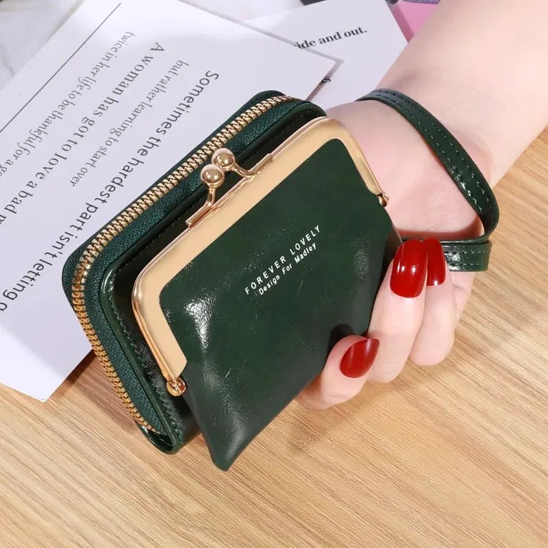 Women's Wrist Strap Wallet - Large Capacity Short Wax Oil Leather Zero Wallet with Multi-Card Holder and Letter Design
