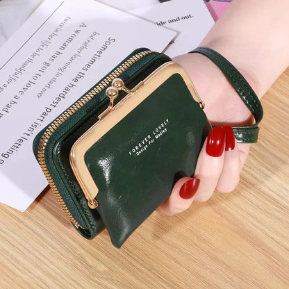 Women's Wrist Strap Wallet - Large Capacity Short Wax Oil Leather Zero Wallet with Multi-Card Holder and Letter Design