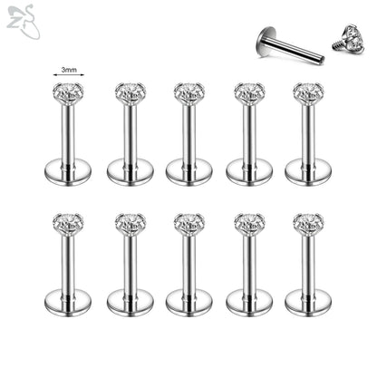 AOEDEJ 10PCS Gold Stainless Steel Labret Lip Studs – 16/18G CZ Crystal Helix, Cartilage & Tragus Piercings (2–6mm)