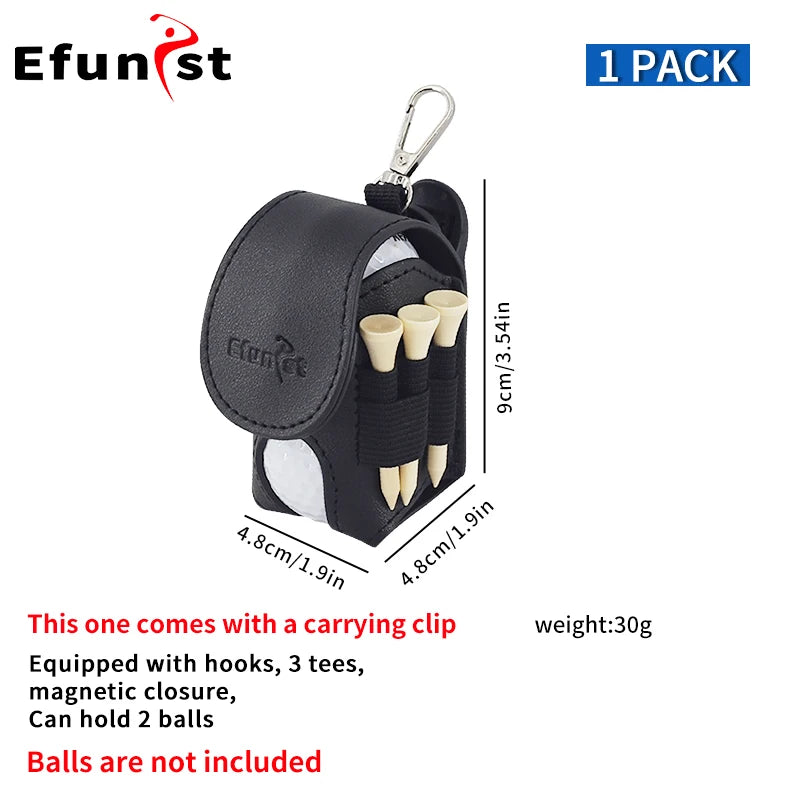 Efunist Golf Small Waist Bag with Magnetic Closure – PU Golf Ball Storage, Includes 3pcs 54mm Tees & Portable Clip Holder for Double Balls
