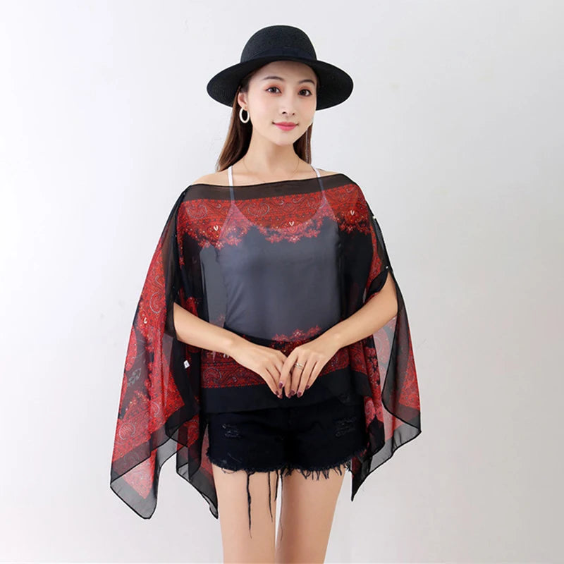 Women’s Summer Beach Shawl – Loose Chiffon Bikini Cover-Up Blouse with Buttons Sun Protection Scarf