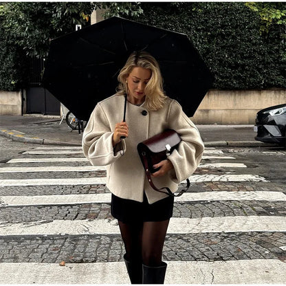 2024 Women's Elegant Solid Wool Blend Cardigan Coat – Round Neck, Single Button, Long Sleeve High Street Outwear