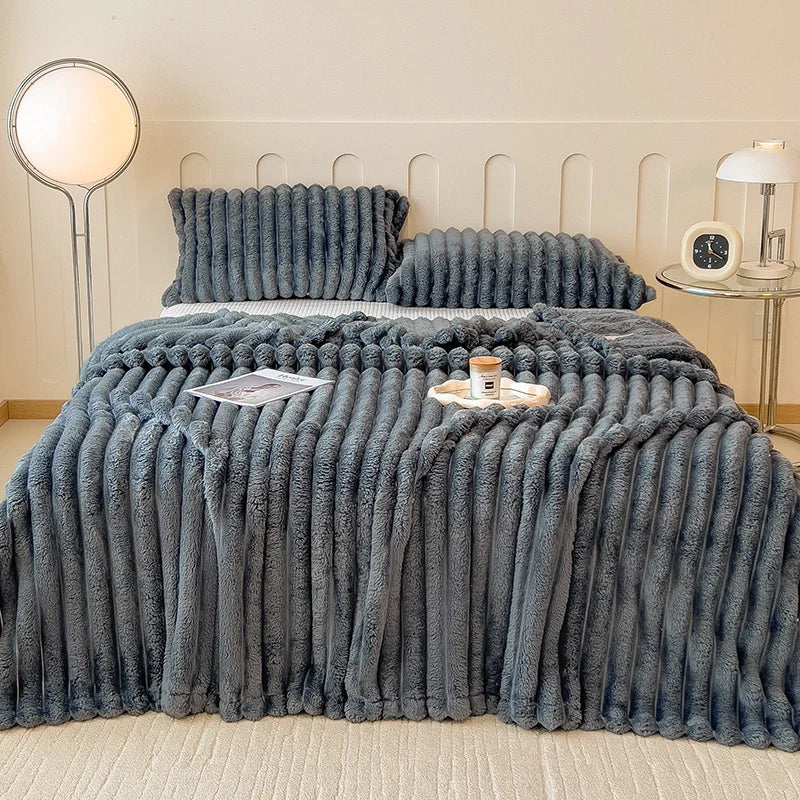 Thickened Wide Striped Flannel Blanket – Multi-Functional Sofa, Bed Sheet & Nap Throw Blanket for All-Season Comfort
