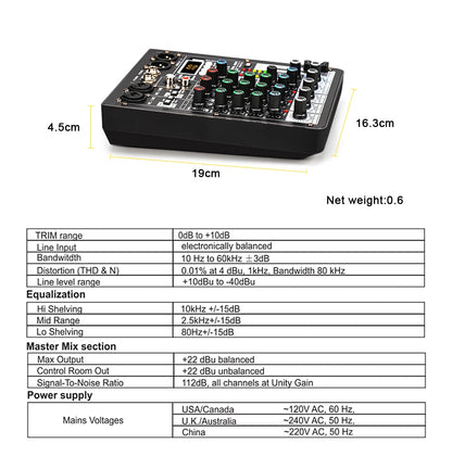 TKL 4-Channel DSP Audio Mixer with 48V Phantom Power, USB, Bluetooth DJ Console for Karaoke Studio Mixing