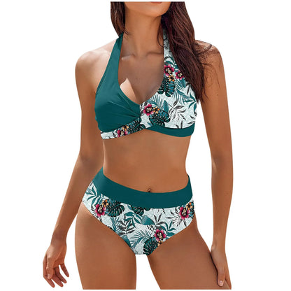 Floral Colour Block High Waist Bikini – Women's Two-Piece Swimsuit Teen Beachwear 2024 Trend