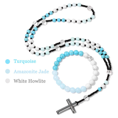 6mm Tiger Eye Rosary Beads Necklace – Catholic Jesus & Virgin Mary Pendant Long Knotted Chain Religious Jewelry for Men & Women