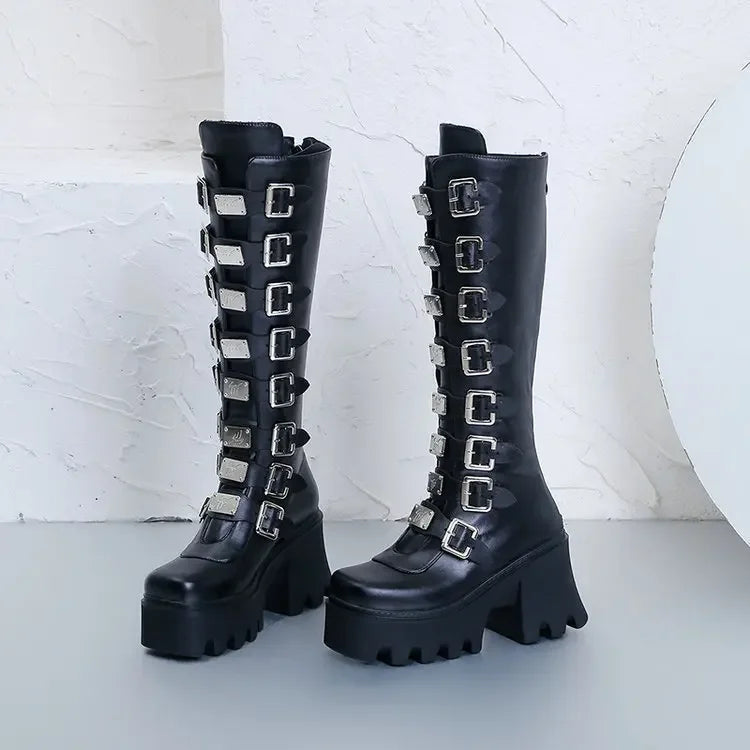 Women’s Gothic Boots – Cosplay High Heel Platform Wedges, Buckle Strap Long Tube Leather Boots, Plus Size Options