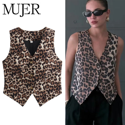 Women’s Leopard Print Cropped Vest – Sleeveless Waistcoat, Fashion Streetwear Short Jacket