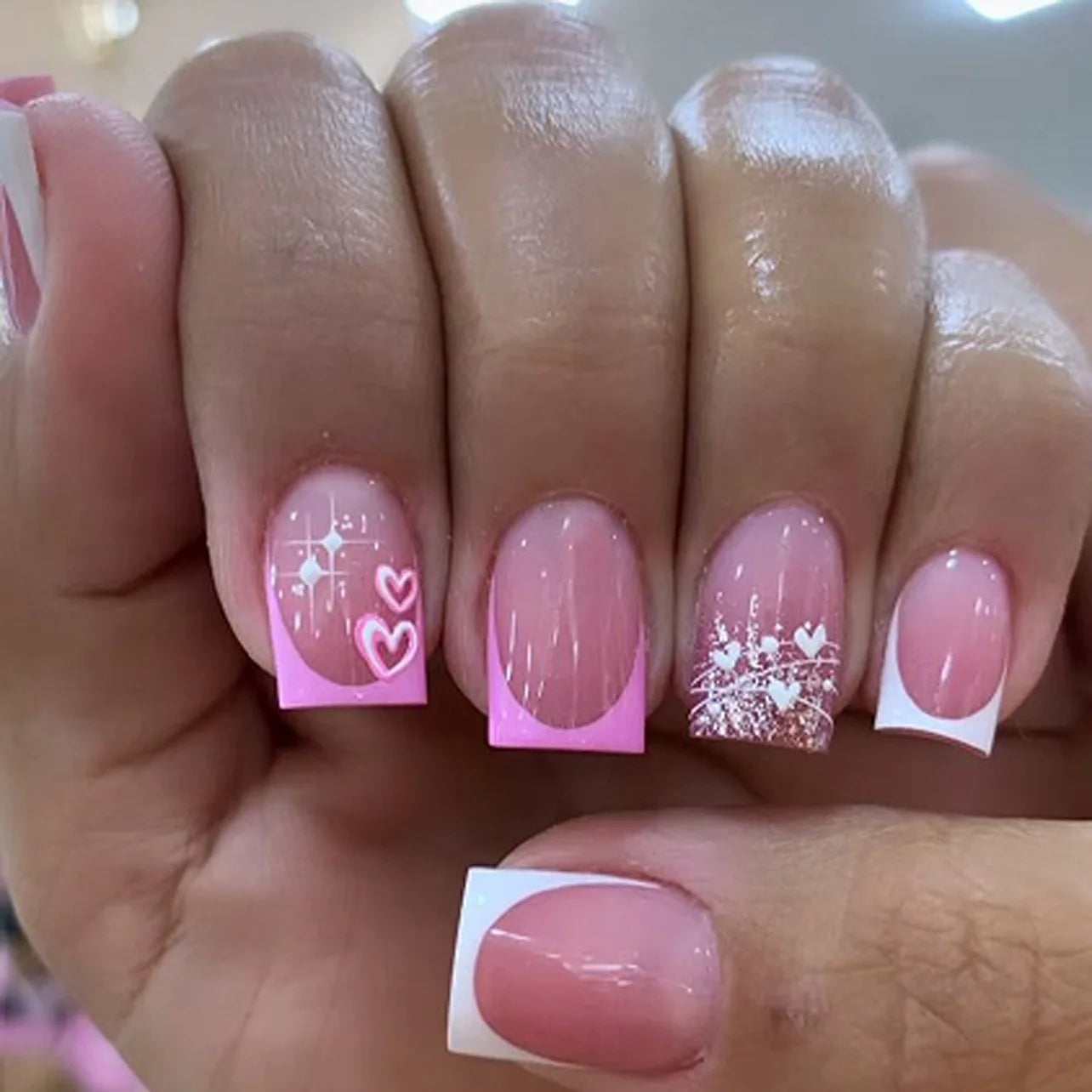 24PCS Short Press On Nails - Shimmer Ballet French Full Cover Artificial Nail Tips for Daily Manicure Style