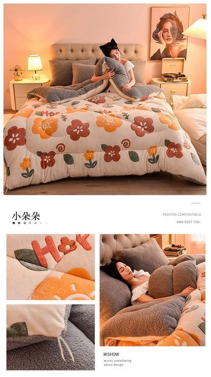 Plush Winter Lamb Velvet Quilt – Thickened Cotton, Double-Sided Warm Lamb Wool Blanket for Single & Double Beds