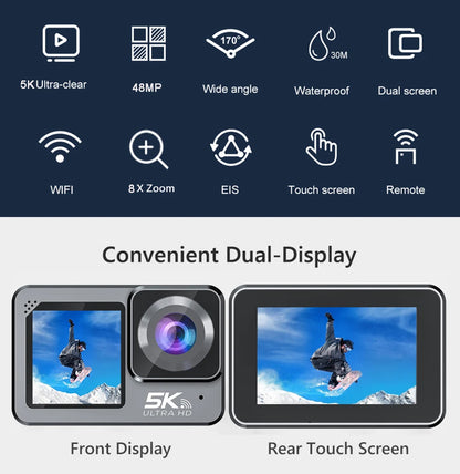 F6W Action Camera — 5K/4K60FPS, 48MP, 2.2" Touch LCD, EIS, Dual Screen, Wi-Fi, 170° Waterproof 30M, 8X Zoom Sports Camera with Wireless Mic