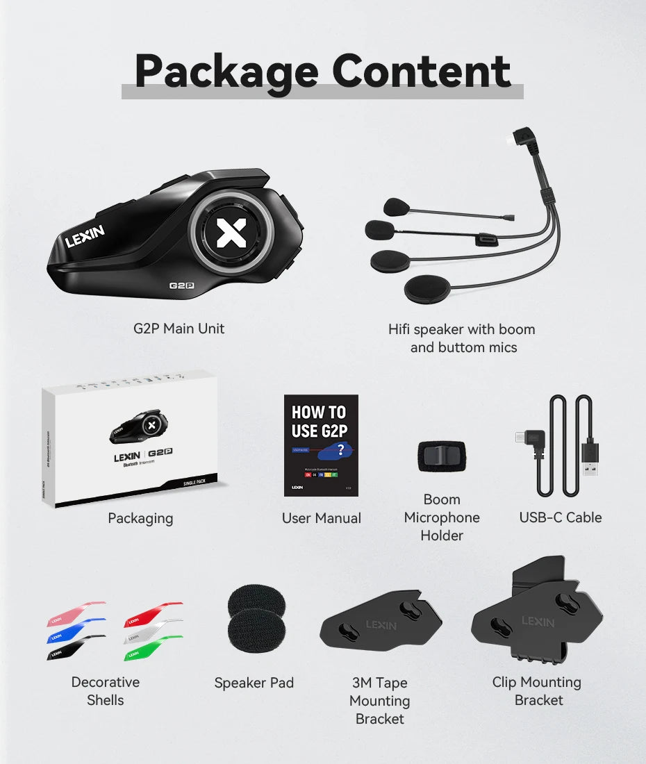 Lexin G2P Motorcycle Helmet Bluetooth Intercom – Hands-Free Communicator for Up to 6 Riders with FM Radio