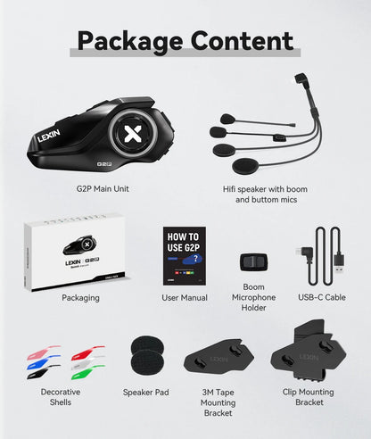Lexin G2P Motorcycle Helmet Bluetooth Intercom – Hands-Free Communicator for Up to 6 Riders with FM Radio
