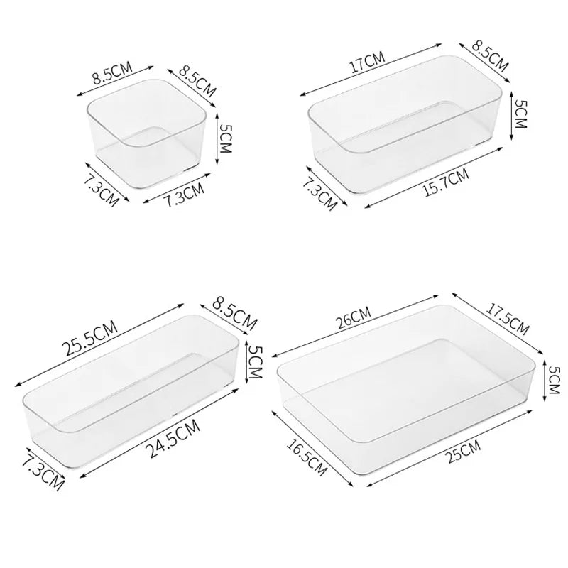 4PCS Clear Plastic Desk & Drawer Organizers – Makeup Storage Boxes for Office & Bathroom