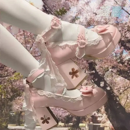 Lolita Butterfly Knot High Heels – Cute Platform Mary Jane Shoes for Girls, Students & Sakura Wedding Dress