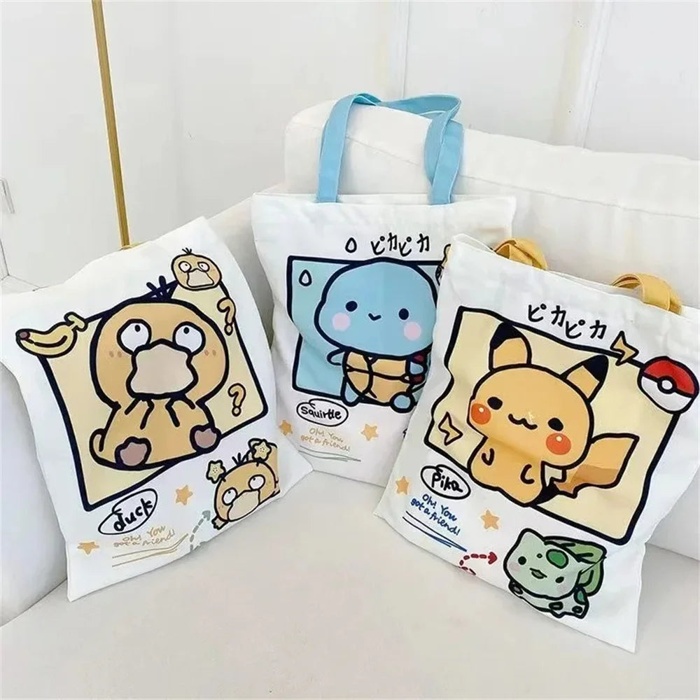 Anime Pokémon Canvas Shoulder Bag – Pikachu, Psyduck, Squirtle Casual Handbag for Women, Reusable Large Shopping Tote