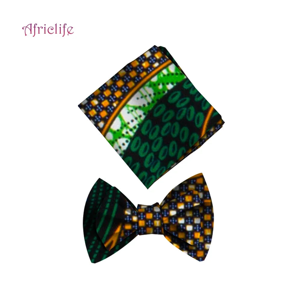 African Print Bow Tie & Kerchief Set - Bohemian Cotton Accessories for Men, Stylish Gift SP077