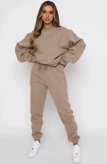Women’s Casual Long Sleeve Sweatshirt & Pants Set – Solid Color Pullover Trousers, Round Neck Autumn Winter Outfit