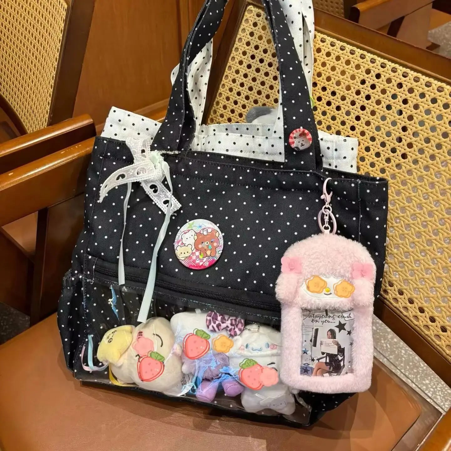 Y2K Anime Ita Shoulder Bag - Transparent Polka Dot Tote with Large Capacity DIY Display
