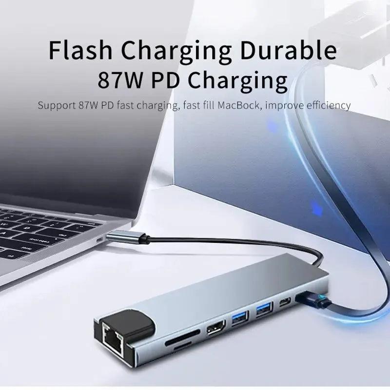 8-in-1 USB Type-C Hub Adapter – 4K HDMI, SD/TF Card Reader, RJ45, PD Fast Charging for MacBook & Notebook