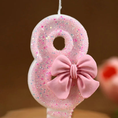 Glitter Pink 3D Number Cake Candles with Bow - Digital Cake Toppers for Birthday & Memorial Day Celebrations