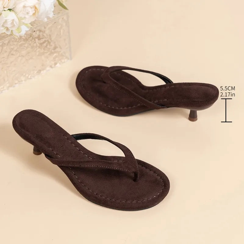 Women’s Brown Heeled Sandals - Thin Heel Summer Flip Flops for Beach, Vacation & Casual Wear