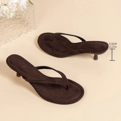Women’s Brown Heeled Sandals - Thin Heel Summer Flip Flops for Beach, Vacation & Casual Wear