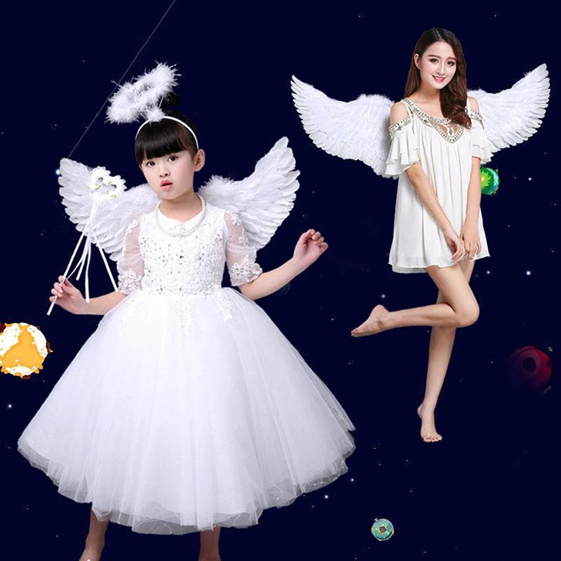 White Angel Feather Wings, Halo, and Magic Wand Set – Kids and Adult Costume Accessories for Cosplay, Weddings, Halloween, Christmas, and Parties