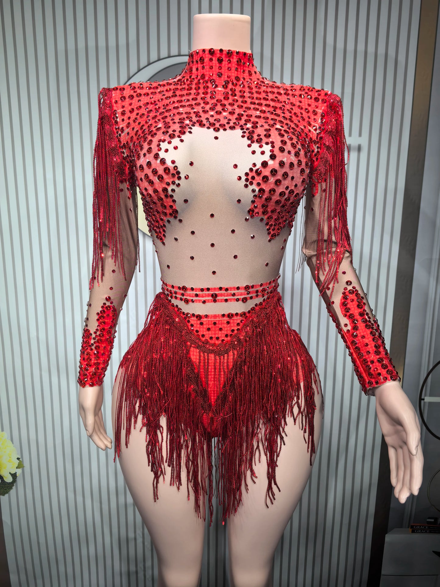Sparkly Blue Rhinestone Leotard - One-Shoulder Fringe Bodysuit for Dance, Stage & Performance