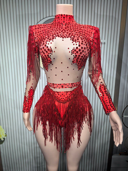 Sparkly Blue Rhinestone Leotard - One-Shoulder Fringe Bodysuit for Dance, Stage & Performance