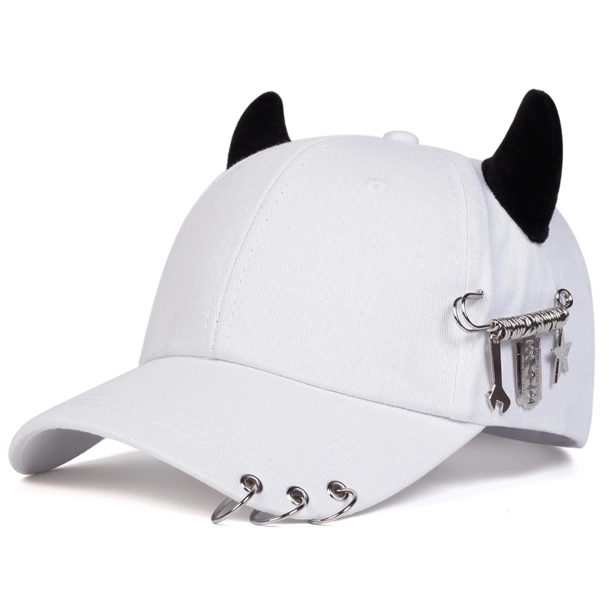 Unisex Cow Horn Baseball Cap - Personality Iron Ring Design, Adjustable Casual Outdoor Sun Hat for Spring & Autumn