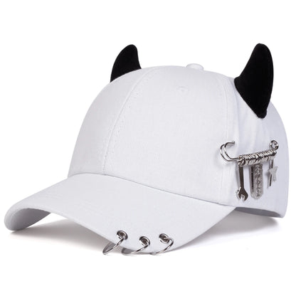 Unisex Cow Horn Baseball Cap - Personality Iron Ring Design, Adjustable Casual Outdoor Sun Hat for Spring & Autumn