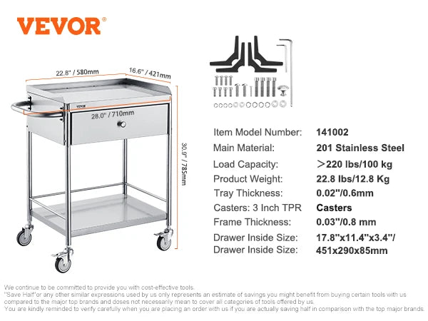 VEVOR Stainless Steel Lab Utility Cart – 1/2/3 Tier Medical & Kitchen Cart with Lockable Wheels