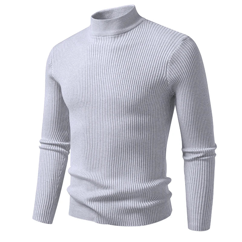 Men's Mock Neck Pullover Sweater - Striped High Neck Long Sleeve Winter Warm Casual Knitwear