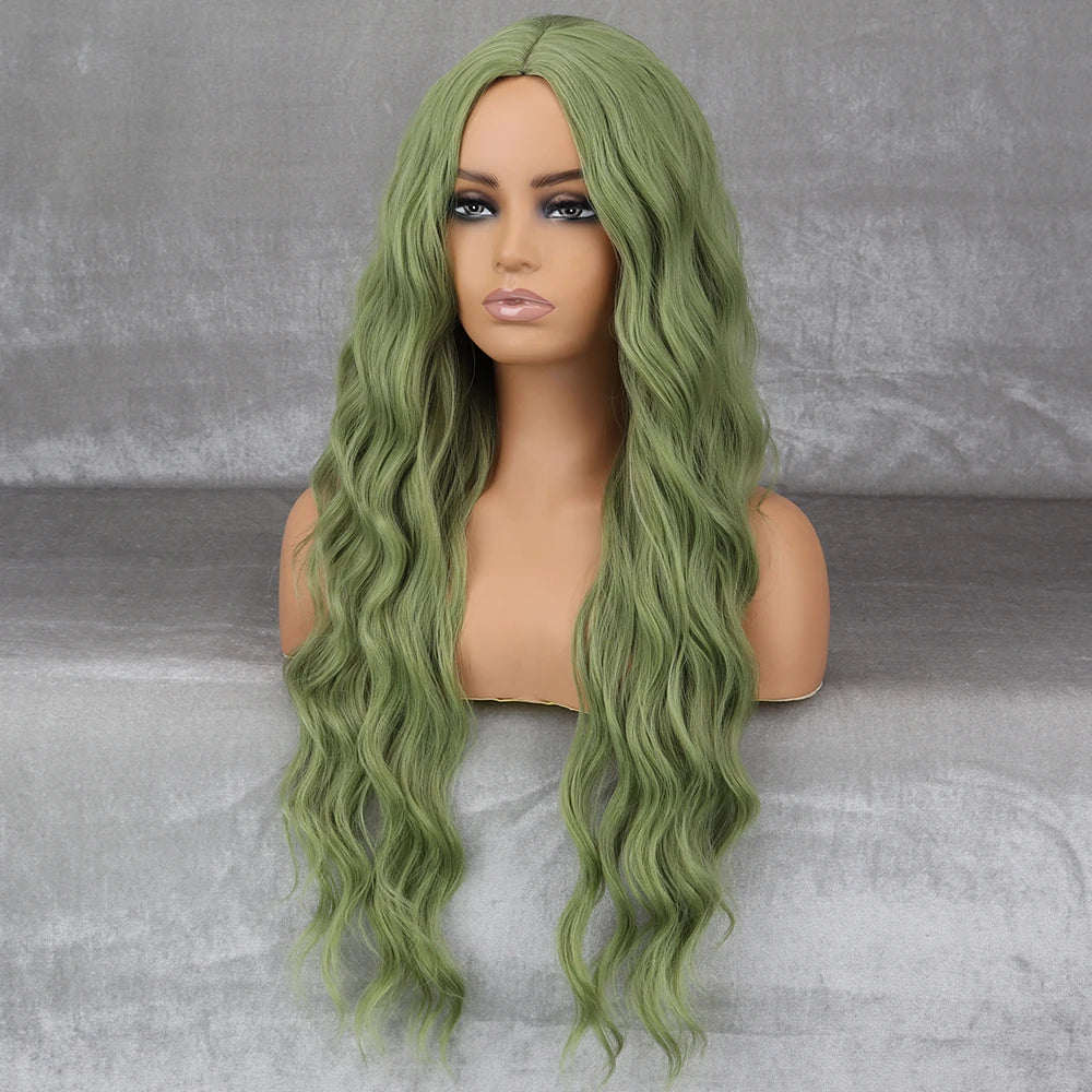 Long Wavy Green Synthetic Wig – Heat-Resistant Women's Cosplay, Party, Lolita Style, Half Part, Red/Black/Pink