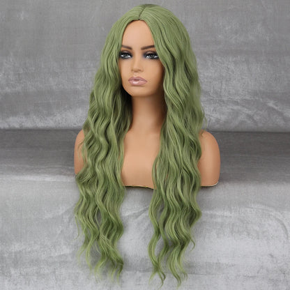 Long Wavy Green Synthetic Wig – Heat-Resistant Women's Cosplay, Party, Lolita Style, Half Part, Red/Black/Pink
