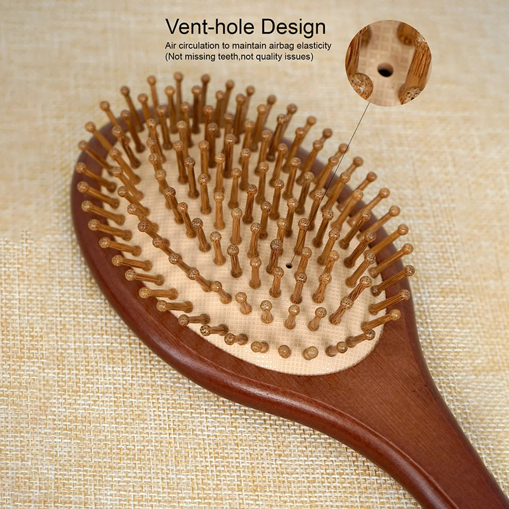 Bamboo Hair Brush with Wide Teeth & Air Bag - Smooth Scalp Massage Comb for Women Hairdressing Styling Tools