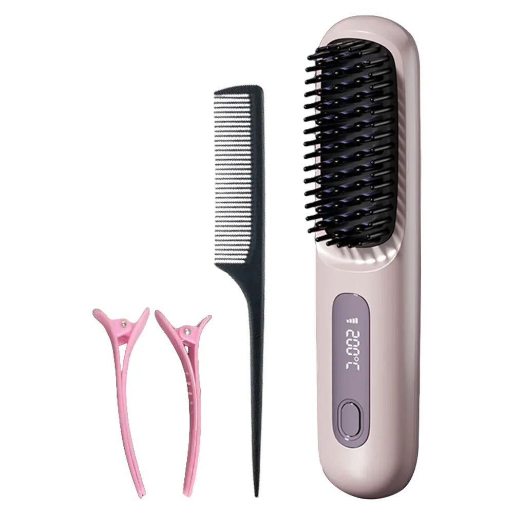 Cordless Hair Straightener Brush – Anti-Scald Electric Hot Comb with 3 Temperature Settings