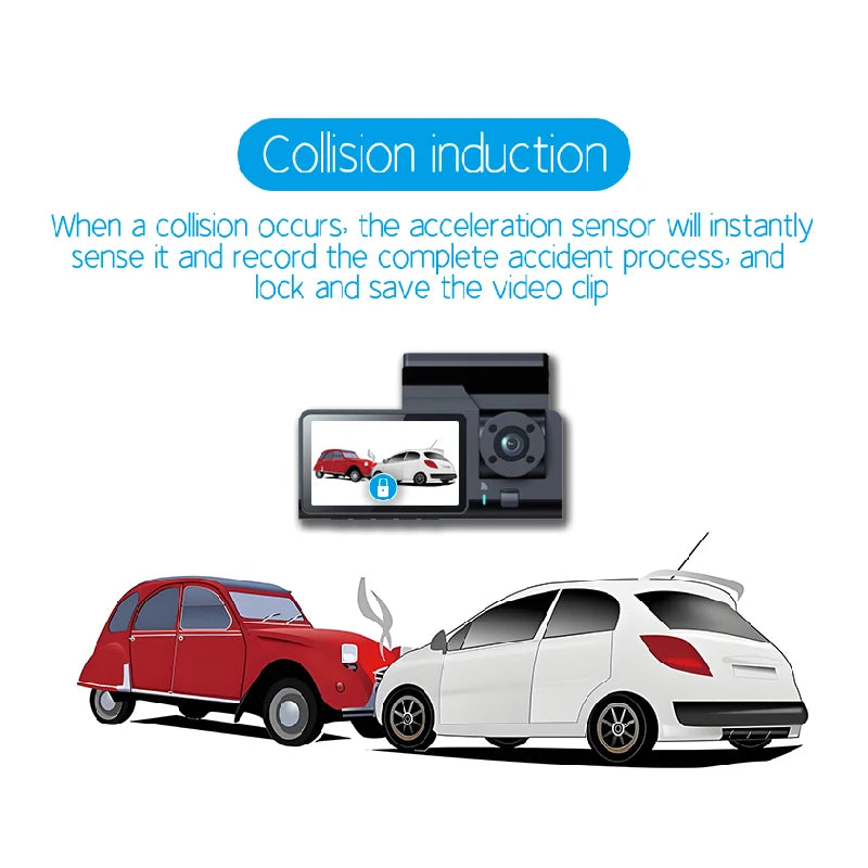 HD 1080P Car Dash Camera – 3-Channel Front, Inside & Rear View Recorder with Night Vision, Loop Recording, Black Box