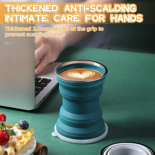Portable Silicone Foldable Cup – Heat Resistant Collapsible with Lanyard – Lid and Folding Storage Travel Mug for Hot Water