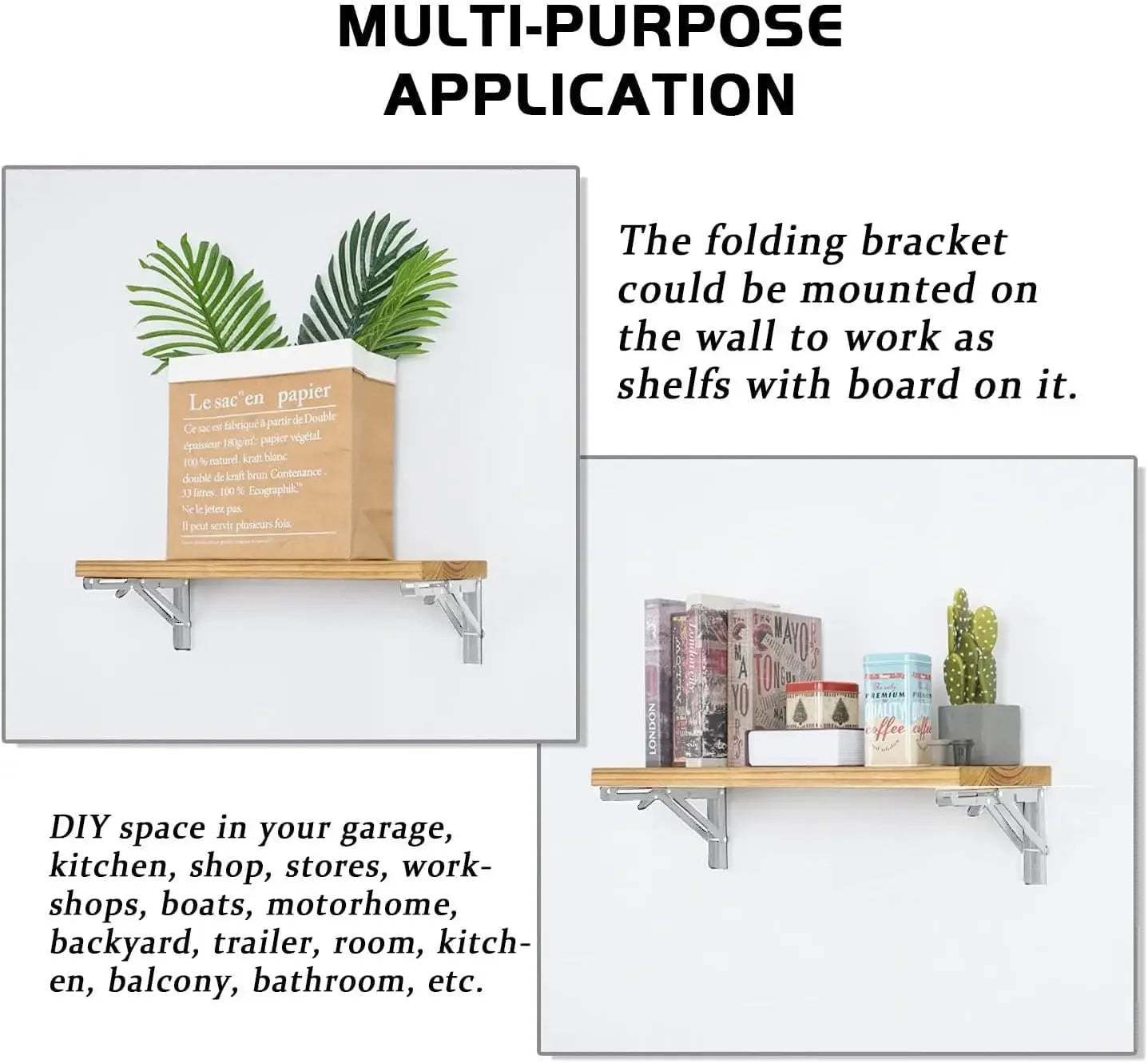 2PC Heavy-Duty Folding Shelf Brackets – Stainless Steel Wall-Mounted Collapsible Supports for Garage & Workstation