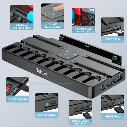 Switch Joy-Con Charger & Game Card Dock Station — HDMI & USB 3.0 Port Charging Stand for Switch OLED with Storage